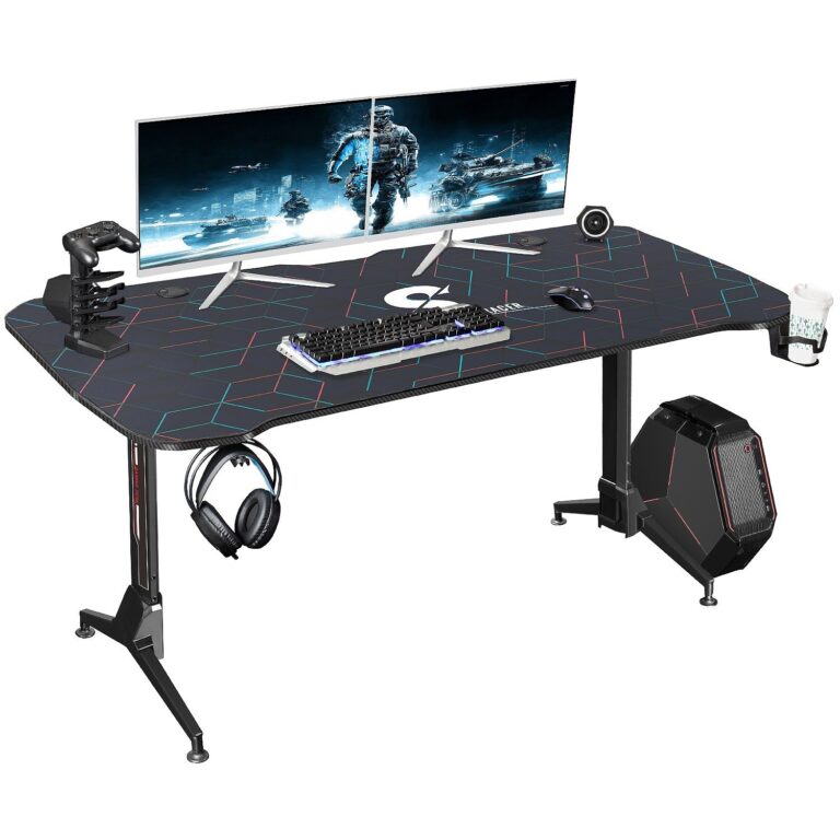 Furniwell 63 Y Shaped Legs Adjustable Height Gaming Desk Carbon Fiber Surface Gaming Desk with Gaming handle rack