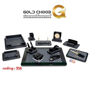 ست رومیزی مدیریتی لاکچری 14 تکه چرمی و چوب G914 مشکی هایگلاس
