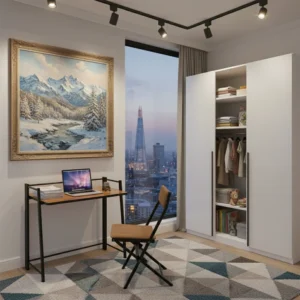 میز تحریر دانشجویی پنجره‌ای با صندلی پارچه‌ای (قهوه‌ای متوسط)